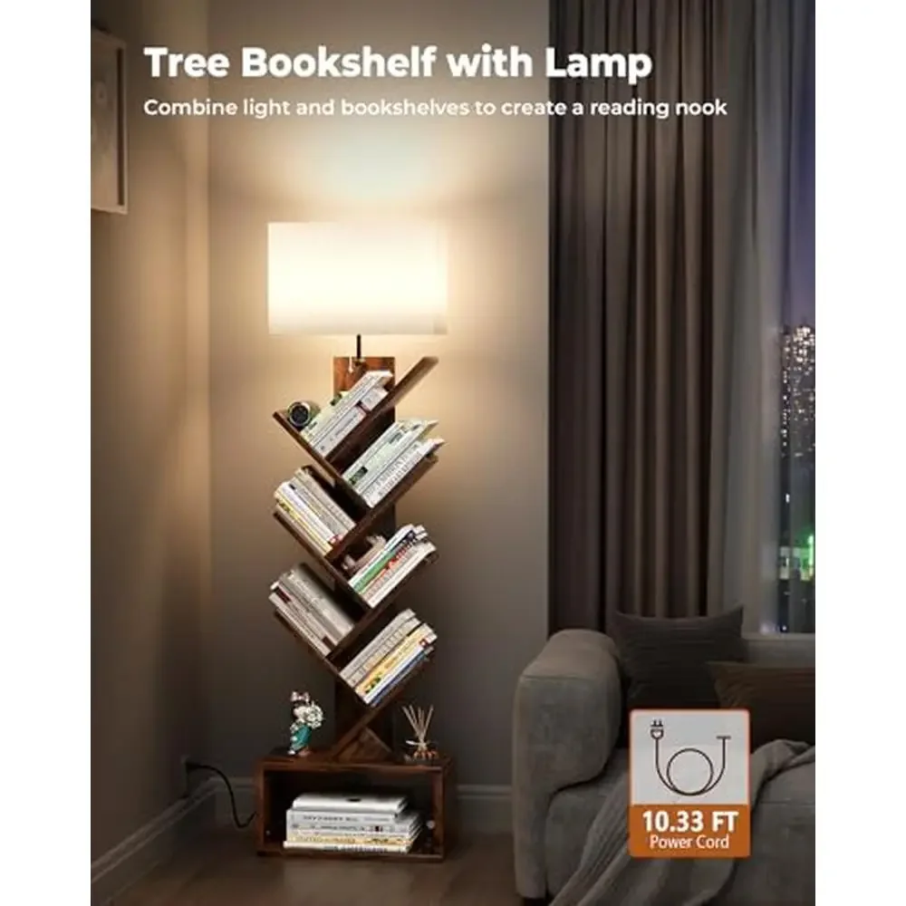 6 Tier Tree Bookshelf with Adjustable Lamp Compact Book Organizer Storage Cabinet Rustic Design Living Room Bedroom Home Office