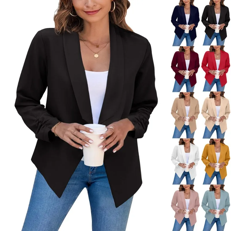 

Women's Spring and Autumn Three-quarter Sleeve Suit Jacket, Front Opening, Fashionable Lapel, Casual Work and Office Jacket