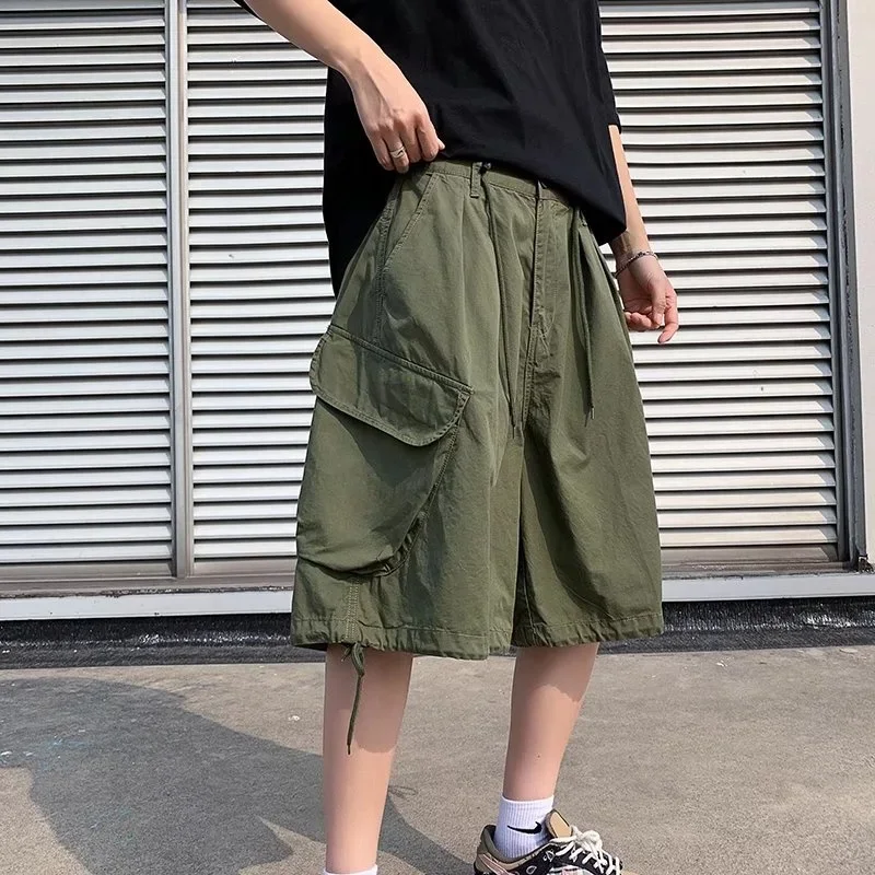 Summer Khaki Green Black Cotton Shorts Men Fashion Retro Pocket Shorts Men Streetwear Loose Wide Leg Shorts Mens Cargo Pants