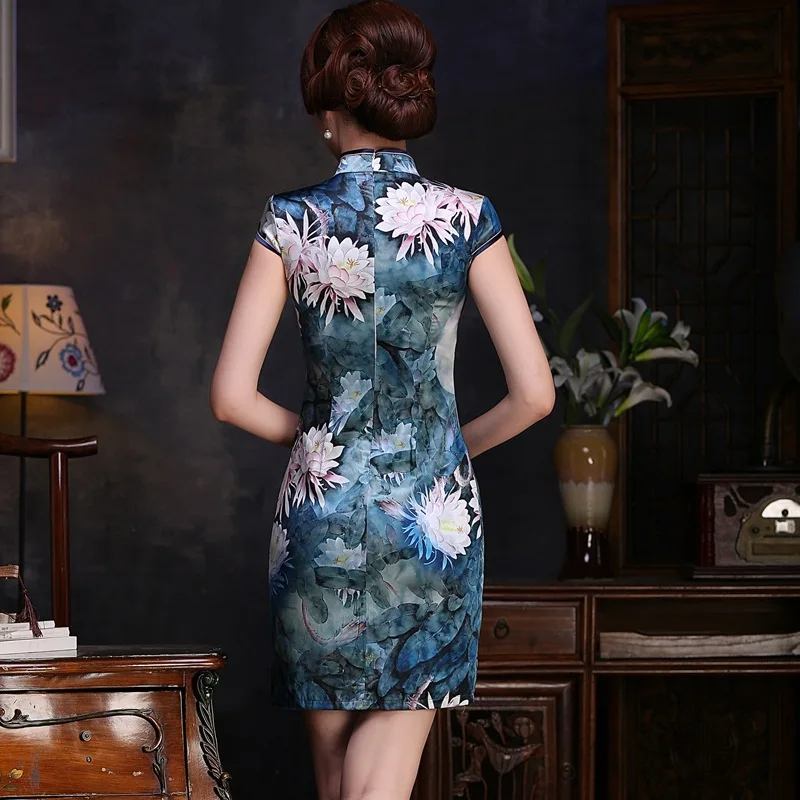 Vintage Printed Improved Fashion Cheongsam Qipao Women's Dress Double Layer