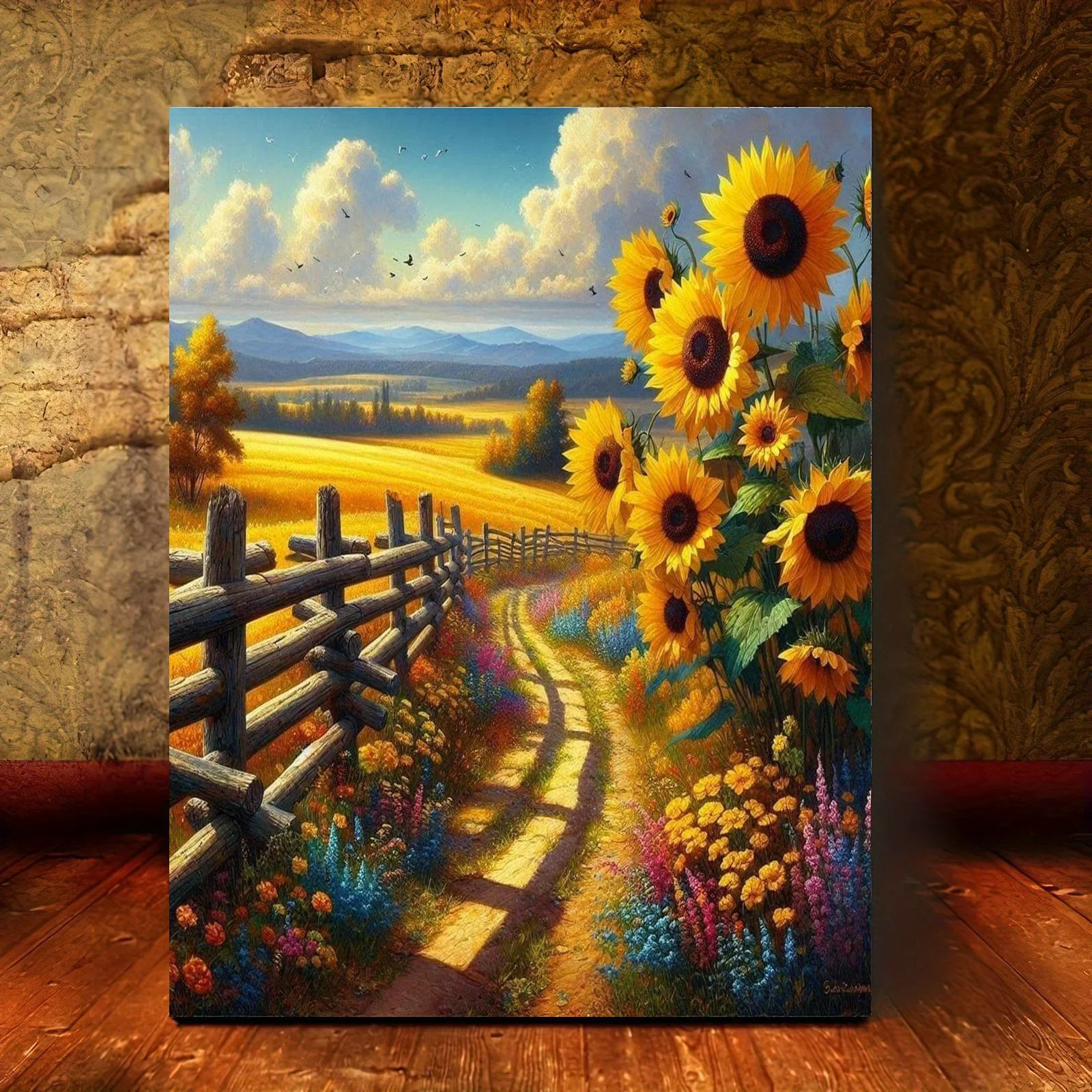Professional Art Use 1pc Frameless Digital Painting Kit, Sunflower Field with Wooden Fence Path Scenery, Includes Canvas, Acr