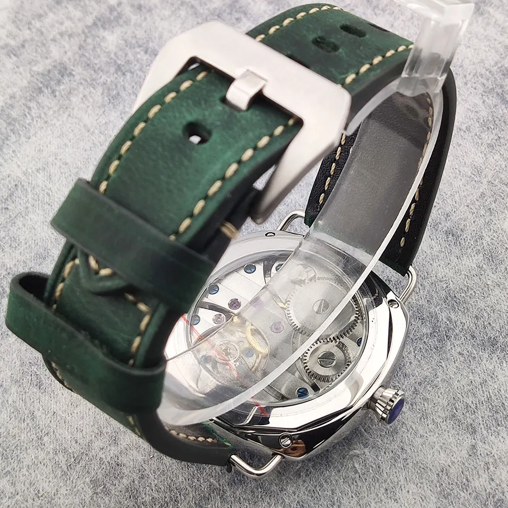 นาฬิกาข้อมือผู้ชายขนาด 45 มม. สไตล์เรโทร นาฬิกานักบิน รุ่น ST3600 ระบบไขลานด้วยมือ เครื่องกลไก หน้าปัดเรืองแสง แบบเรียบ ไม่มีโลโก้ นาฬิกาแบบสั่งทำพิเศษ