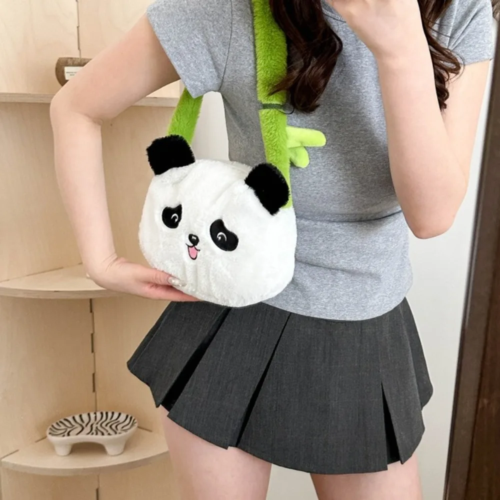 Funny Cartoon Plush Panda Bag Large Capacity Green Strap Animal Shoulder Bag Cute Toy Soft Doll Handbag Girls