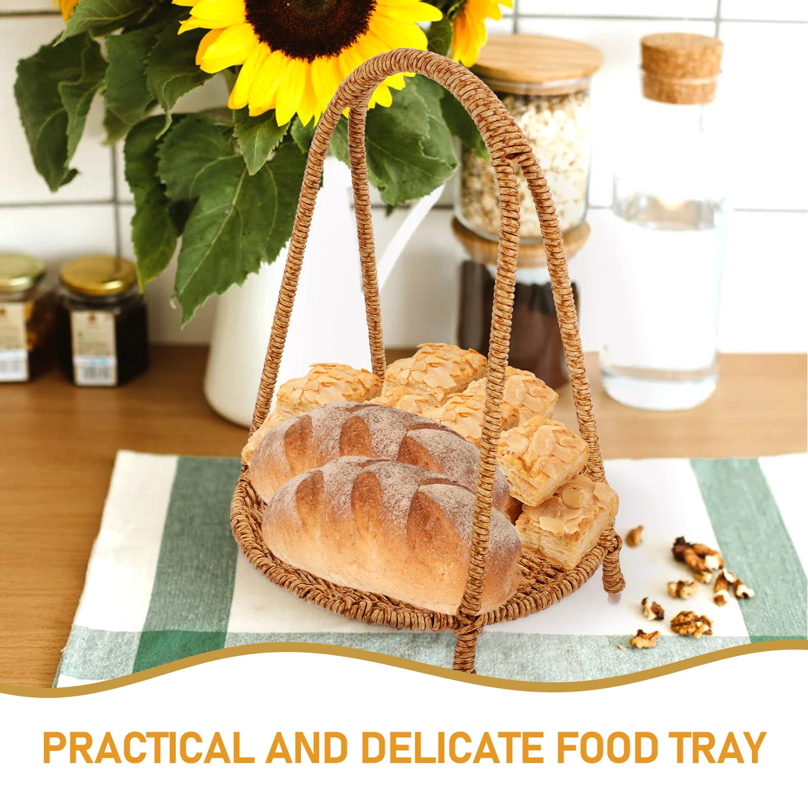 

Snack Tray Iron PP Material Retro Handle Decorative Serving Tray for Home Office Coffee Table Bread Fruit Display