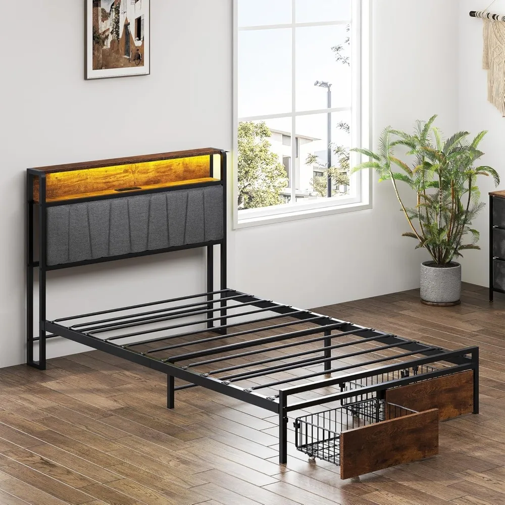 إطار سرير مزدوج الحجم من soges، لوح رأسي للتخزين مع محطة شحن، إطار سرير معدني ثابت مع أدراج، خالي من الضوضاء، بدون صندوق Spri