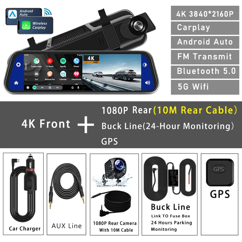 10 "Dash Cam 4K 3840*2160P Auto Dvr Carplay Android Auto GPS 5G WIFI AUX Stream rückspiegel Dashcam Kamera Stick Recorder FM