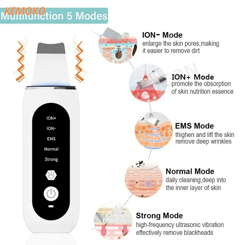 Ultrasonic Skin Scrubber, Pá Facial, Cleanser, removedor de cravos, limpeza facial profunda, íon ultrassônico, Ance Poro Cleaner