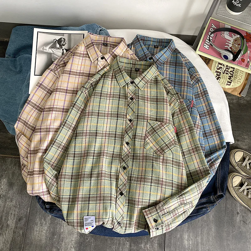 Men\'s Casual Plaid Blouses Streetwear Fashions Clothes High Quality Oversized Tops Spring Man Korean Flannel Vintage Shirts