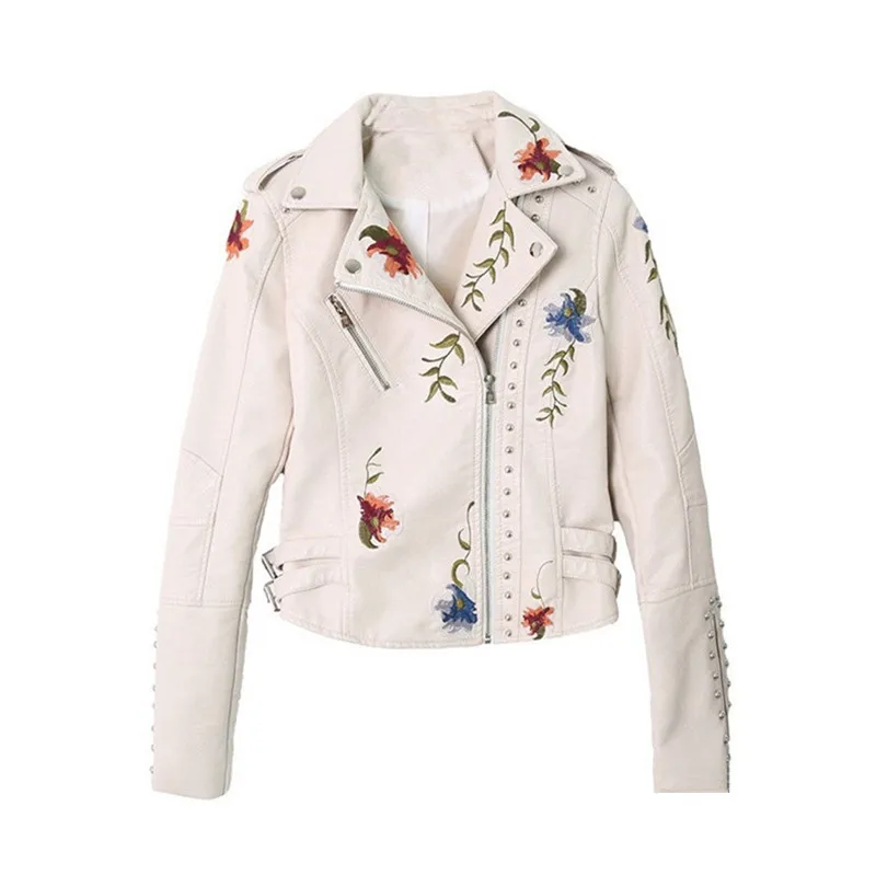 Chaqueta de Cuero Sintético PU de Alta Calidad con Bordado Floral, Corte Ajustado, Manga Larga, Solapa, Color Beige y Negro, Estilo Biker para Mujer, Ropa Urbana