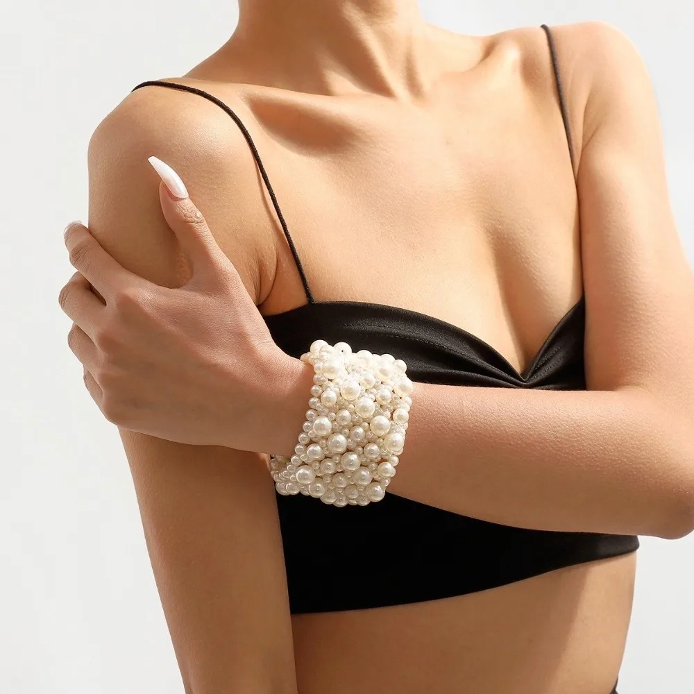

Fashion Elastic Pearls Bracelet Baroque Multiple Rows Women Bracelet White Korean Style Wide Bangle Wedding
