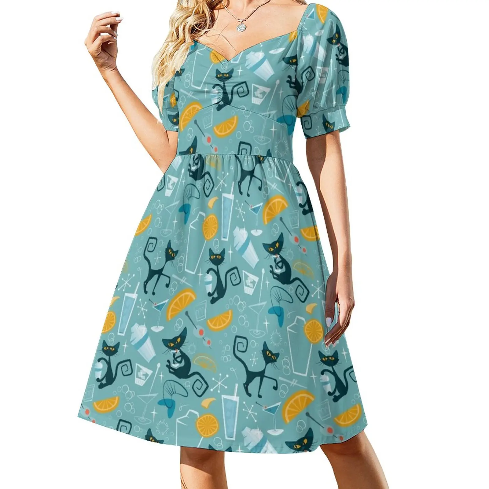 

Mid century modern atomic style cats and cocktails Sleeveless Dress Dance dresses Dress woman