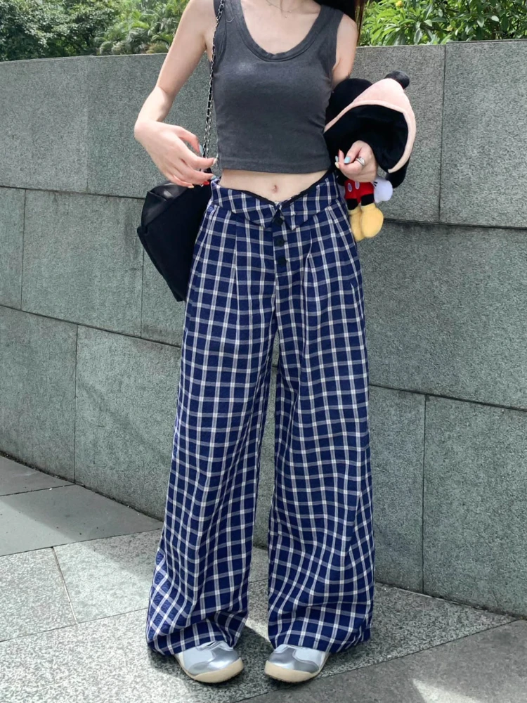 Blue Vintage Plaid Loose Straight pants Women's Summer High Waist Korean Loose Wide Leg Trousers Casual Streetwear Pockets Pants