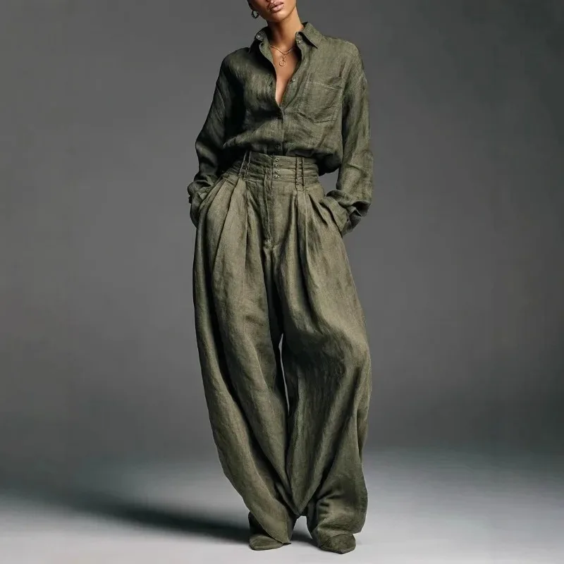 

Vintage Women Two Piece Set Elegant Long Sleeve Shirt with Pocket Wide Leg Pants Set Autumn Army Green Loose Chic Outfits