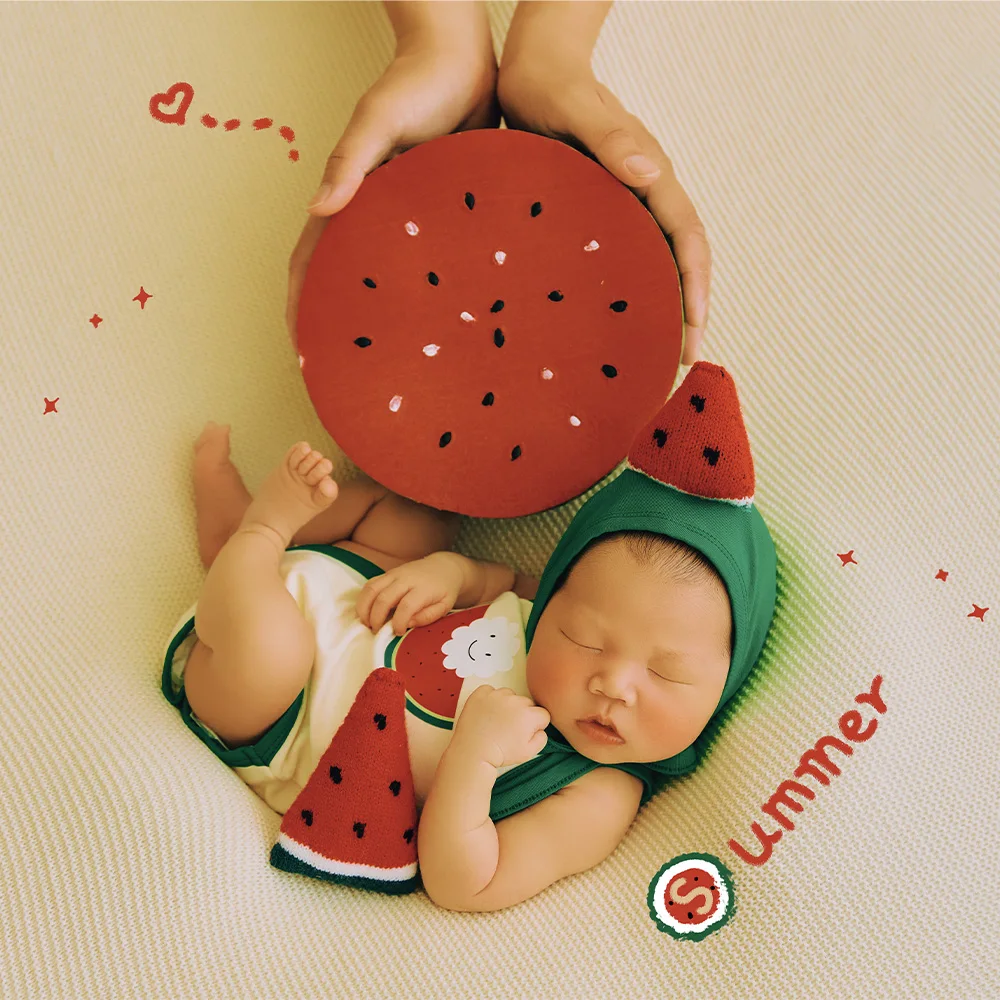 Baby Bodysuits Hat Newborn Photography Outfits Wool Blanket Background Watermelon Decorative Props Summer Theme Shooting Props