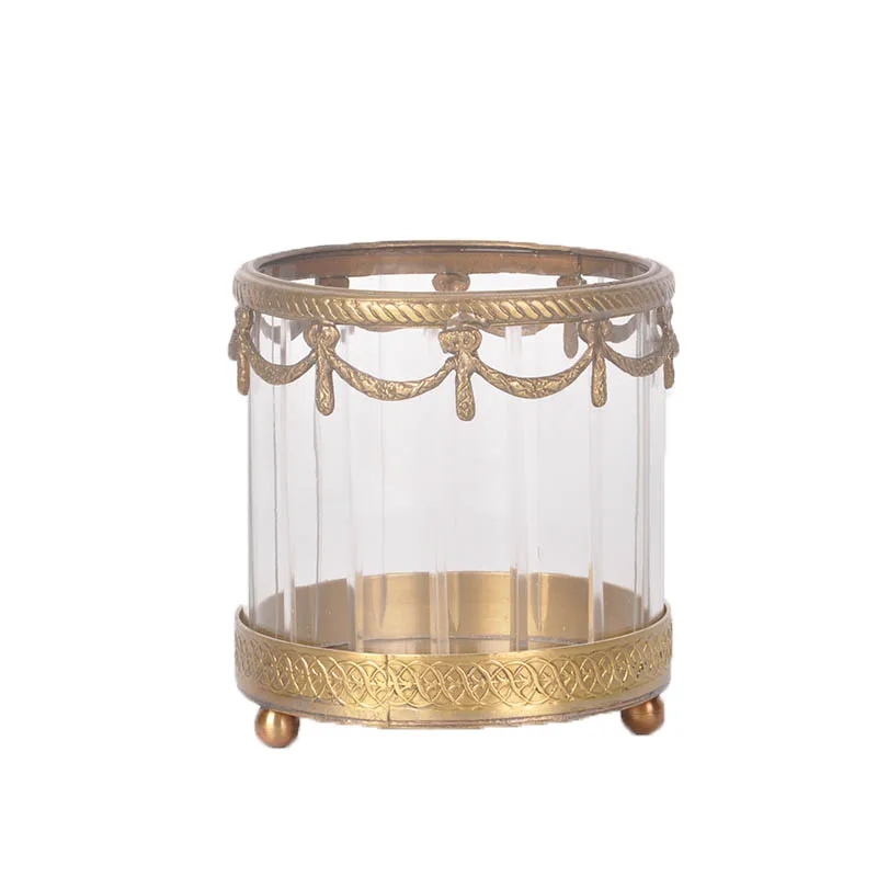 WSHYUFEI Brass glass candle holder Storage bucket Cup Makeup brush Lipstick Storage tank Light luxury Home furnishings