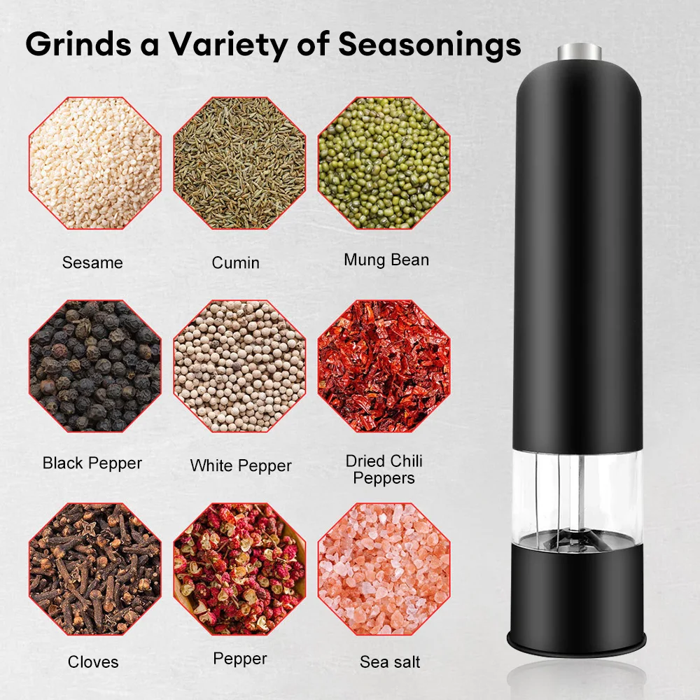 Kitchen Electric Pepper and Salt Mill Grinder Adjustable Coarseness Spice Grinder Pepper Powder Mill With LED Light Cooking Tool