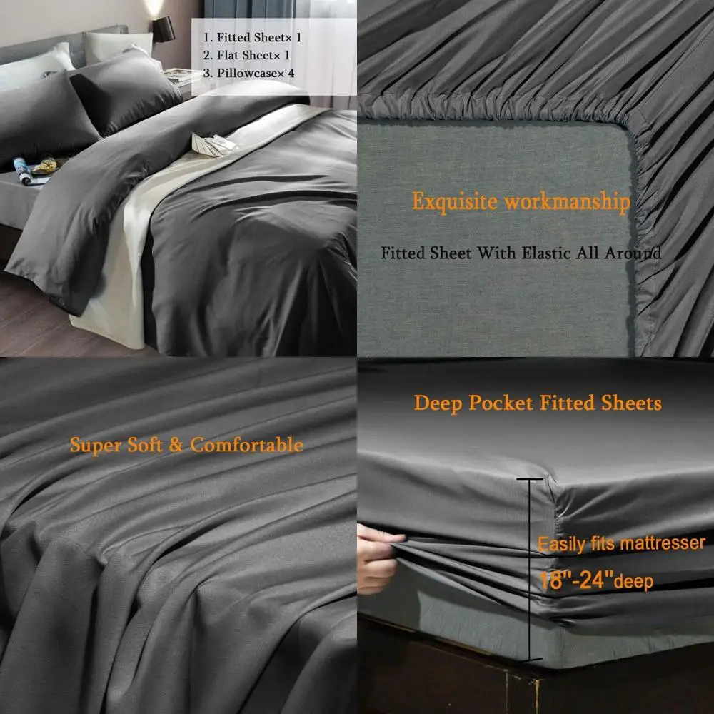 

Luxury 1800-Thread Count Egyptian Microfiber Bed Sheet Set - Deep Pocket, Wrinkle-Resistant, 6-Piece, Dark Grey, Queen Size