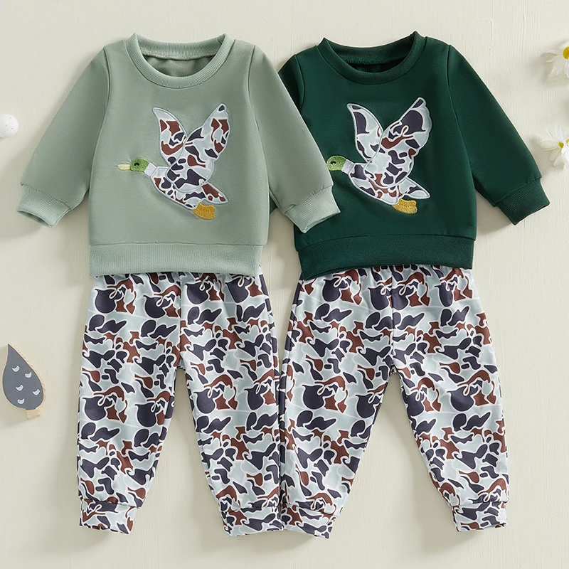 

2024-09-03 Lioraitiin Spring Kids Baby Boy Outfit Sets Long Sleeve Duck Embroidery Pullover Camouflage Pants Sets 2PCS