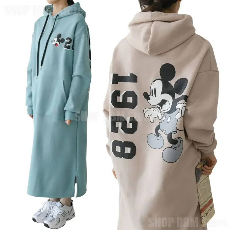 Disney Mickey Mouse Spring Autumn Sweatshirt Long-Sleeved Dress Woman Clothing Hooded Collar Pocket Simple Lady Dress Sweatshirt