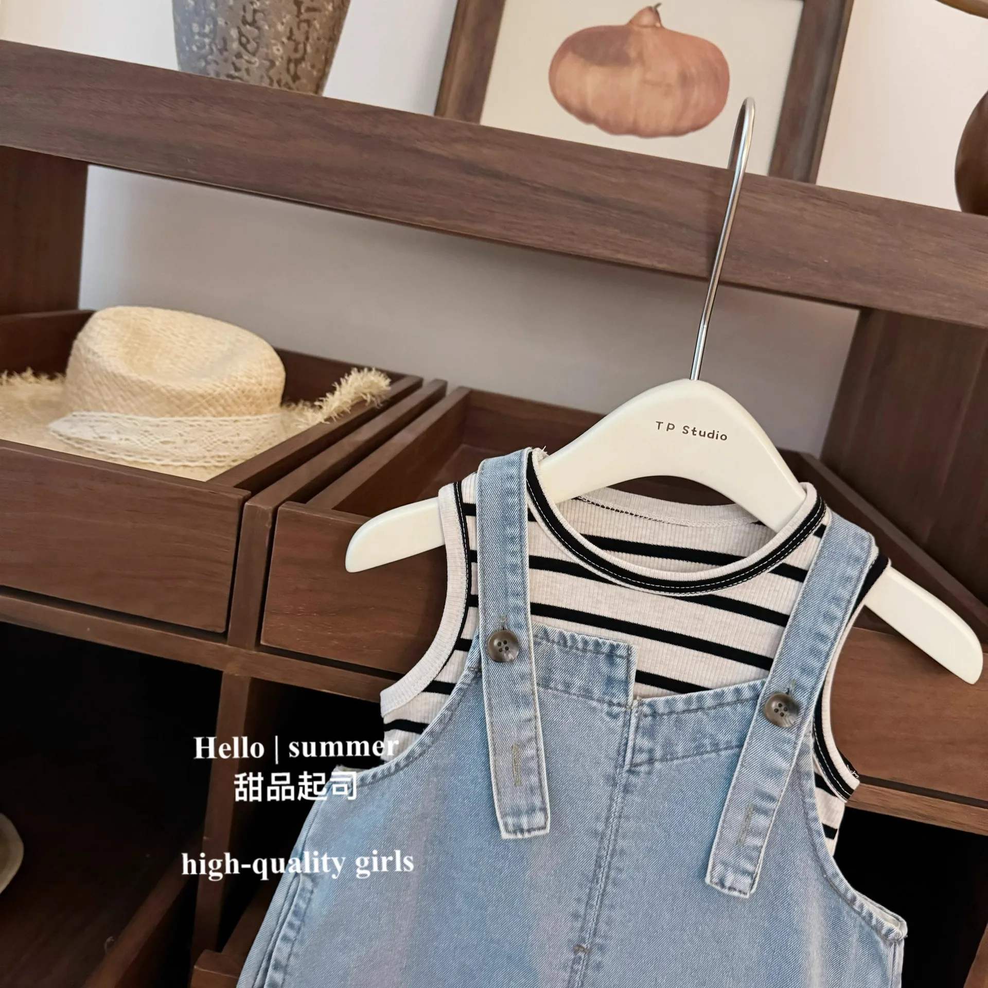 2025 Baby Girl Striped Vest Denim Overalls Foreign Style Fashionable Suit Casual Fashion Baby Set