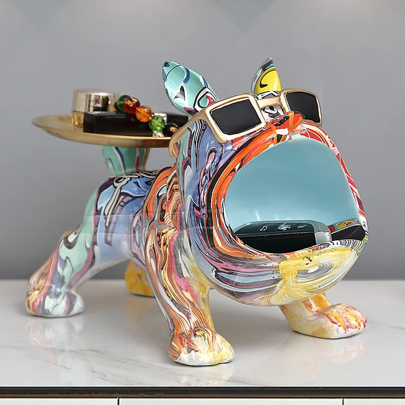 Mueble de entrada de lujo ligero estilo francés con diseño de perro, con bandeja para adornos y almacenamiento de llaves, con diseño de perro de boca grande.