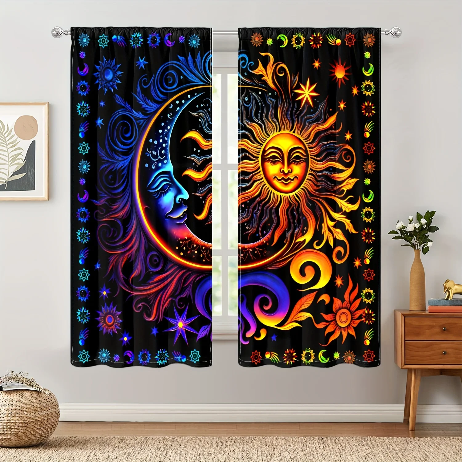 

2pcs Abstract Sun and Moon Pattern Curtains Fantasy Style Home Bedroom Room Window Curtains Living Room Office Sunshade Cloth