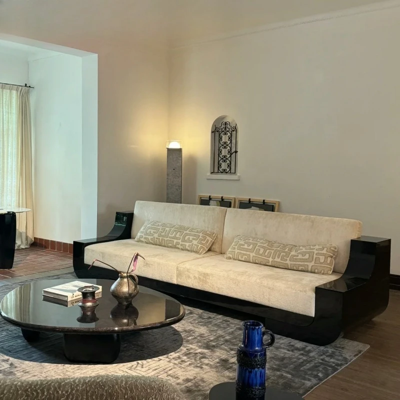 

Design vintage black solid wood chenille fabric old money style apartment living room curved sofa