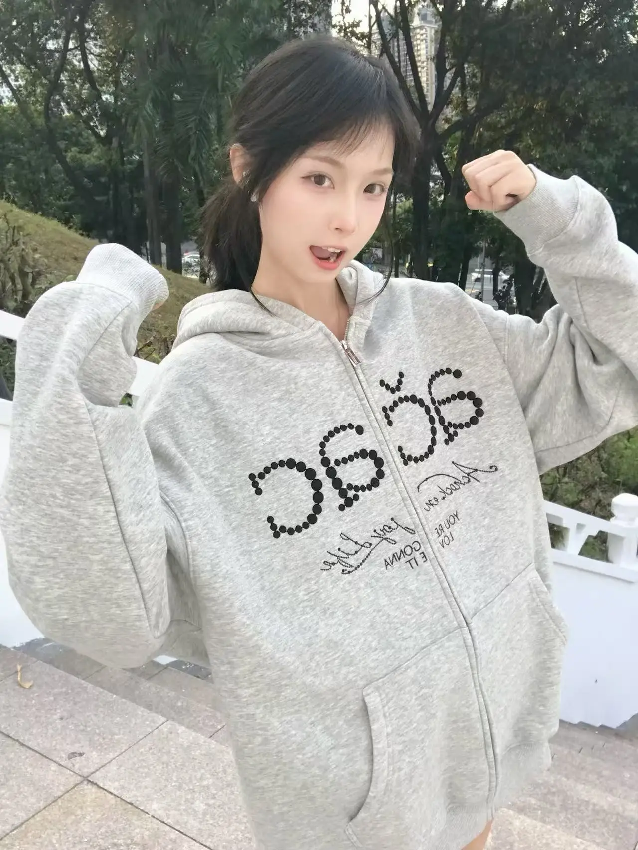 العصرية الأبيض ey Long Sve هوديي المرأة المطرزة طباعة فضفاضة الهيب هوب Sle التخسيس الشارع الشهير سستة العصرية Jaet #5