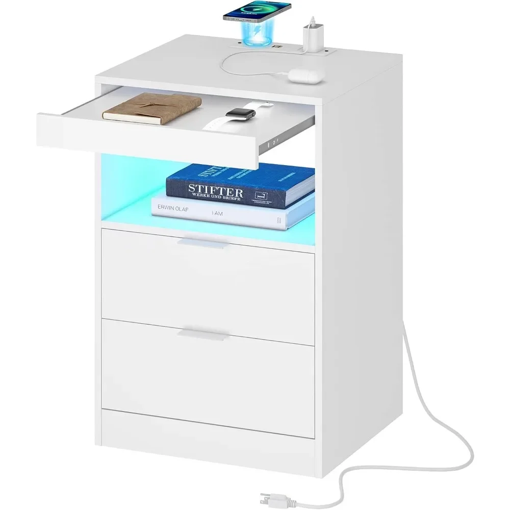 

LED Nightstand with Wireless Charging Station, Bedside Table with LED Lights, End table with 2 Drawers