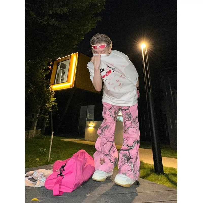 Dopamine Retro Branch Graffiti Casual Pants Men and Women Loose Camouflage Printing Straight Cargo Pants Pink Streetwear