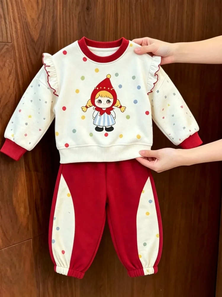 Girls Cartoon Little Red Riding Hood Dot Casual Set Long Sleeve Sweatshirt Two Piece Suite Autumn New Style Cute And Fashionable