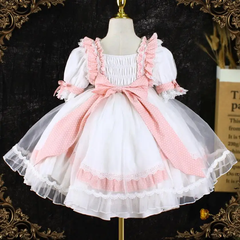 Children's Summer Spanish Lolita Princess Ball Gown Lace Bow Stitching Baby Birthday Party Dresses For Girls Easter Eid A1445