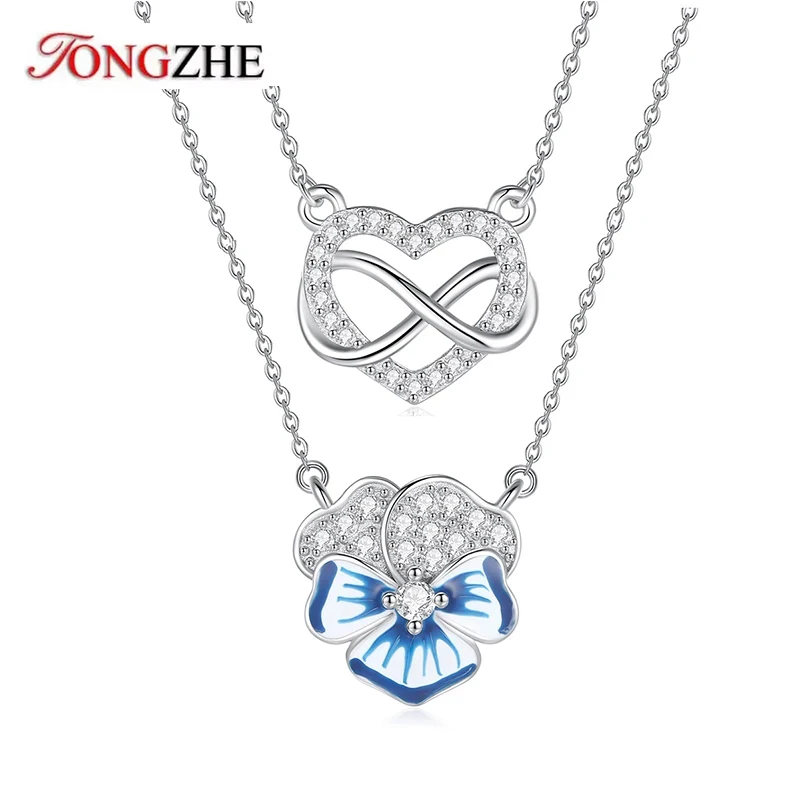 TONGZHE Heart Love 925 Sterling Silver Elevated Blue Enamel Pansy Flower Necklace With Crystal For Women Jewelry Gift