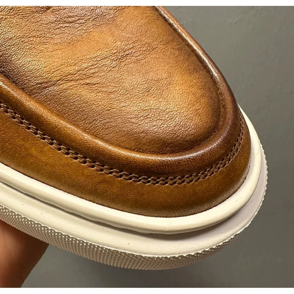 Men's Vintage Burnished Leather Penny Loafers, Slip‑On Thick White Sole Casual Platform Shoes