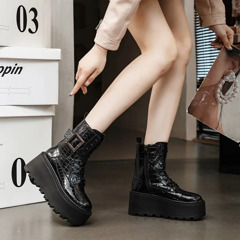 8CM New Women Combat Boots Ankle Booties Platform Sneakers Spring Autumn Warm Fur Winter Genuine Leather Women Shoes Boot