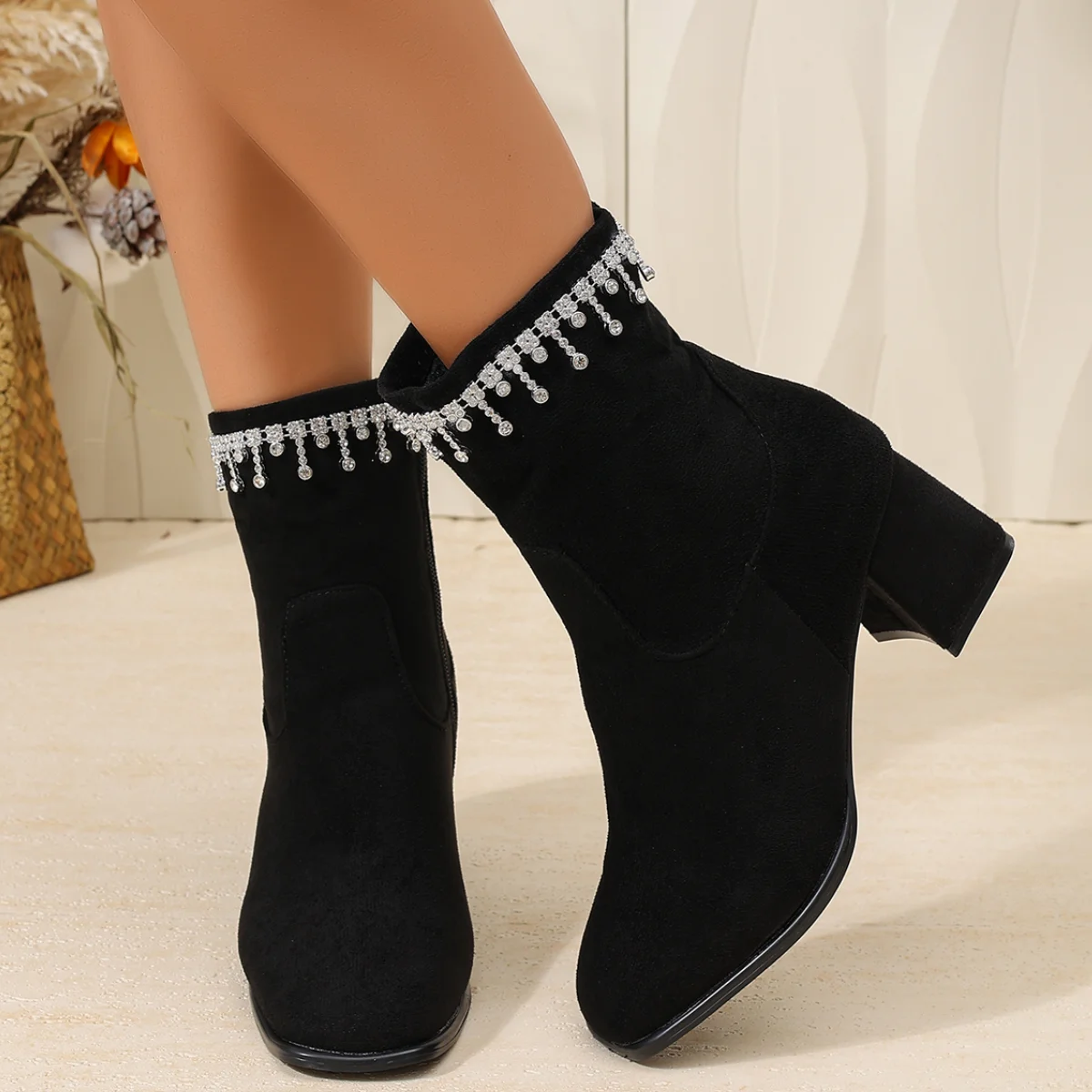 Botines de lujo con adornos de cristal y borlas, diseño de marca para mujer, tacón cuadrado con pedrería, botines cortos para mujer, talla grande 43, botines con cremallera.