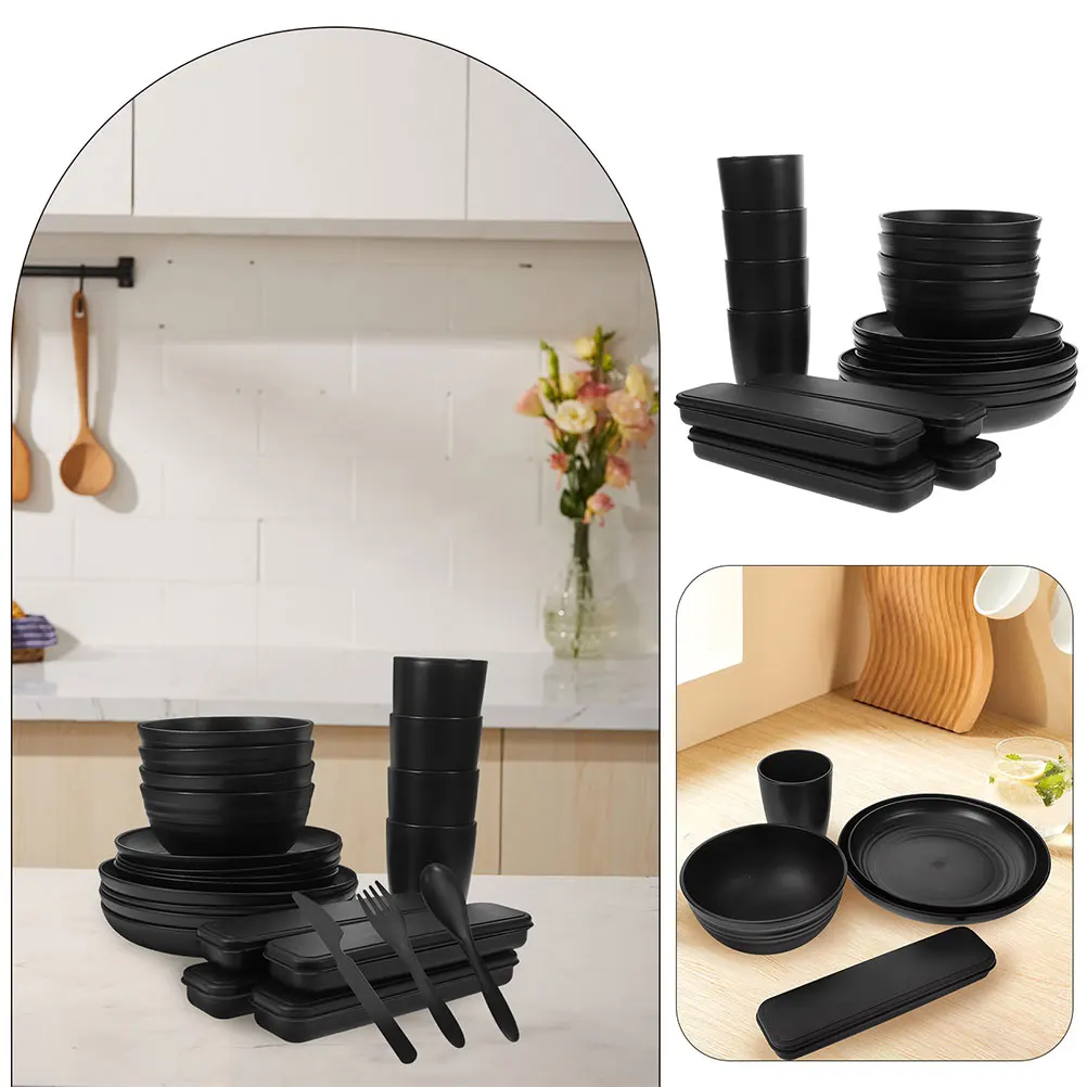 

4 set Black Tableware Set Camping Dishes Utensils Picnic Plates Bowls Forks Knives Spoons Portable Easy Clean