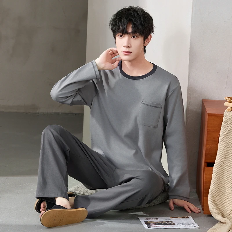 

High Quality Men Pajamas Set 100% Cotton Solid Sleepwear Male Long Sleeve Casual Pyjamas