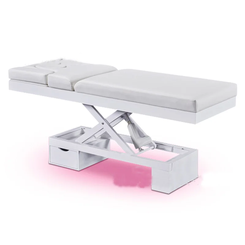 

Professional Detachable Motor Controlled Massage Bed with Colored Lights White Leather Wooden Base