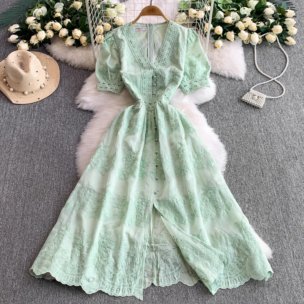 UNI 夏秋ホリデー中空フラワー刺繍レースイブニングプロムドレス女性半袖ミディロングパーティー Vestidos