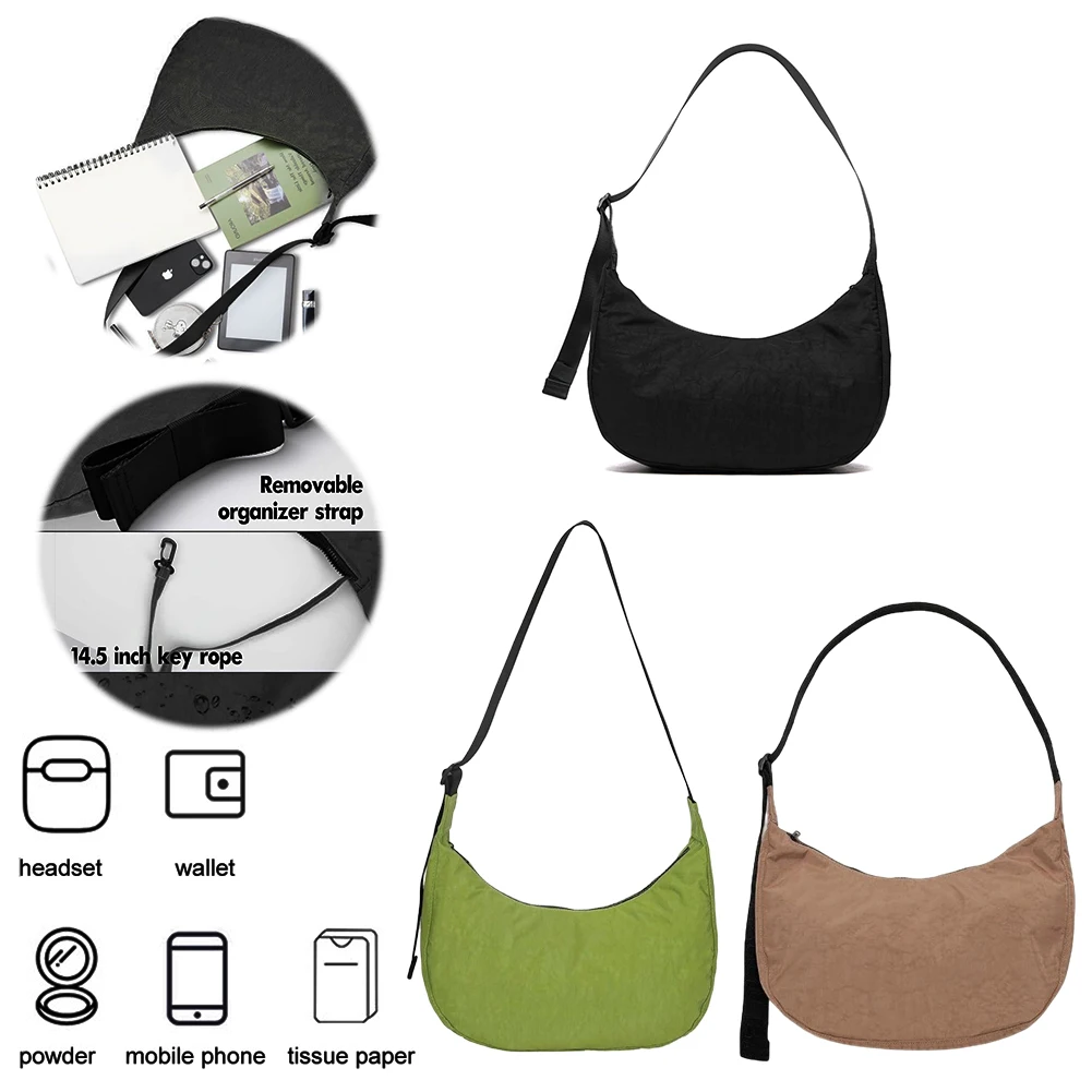 

Nylon Crescent Small Shoulder Handbags for Female Girls Zipper Clutch Hobos Purse & Adjustable Strap for Commuting Daily Use