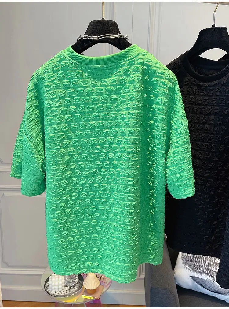 Fashionable and versatile casual pleated texture,  design, short sleeved T-shirt  women t shirt  harajuku