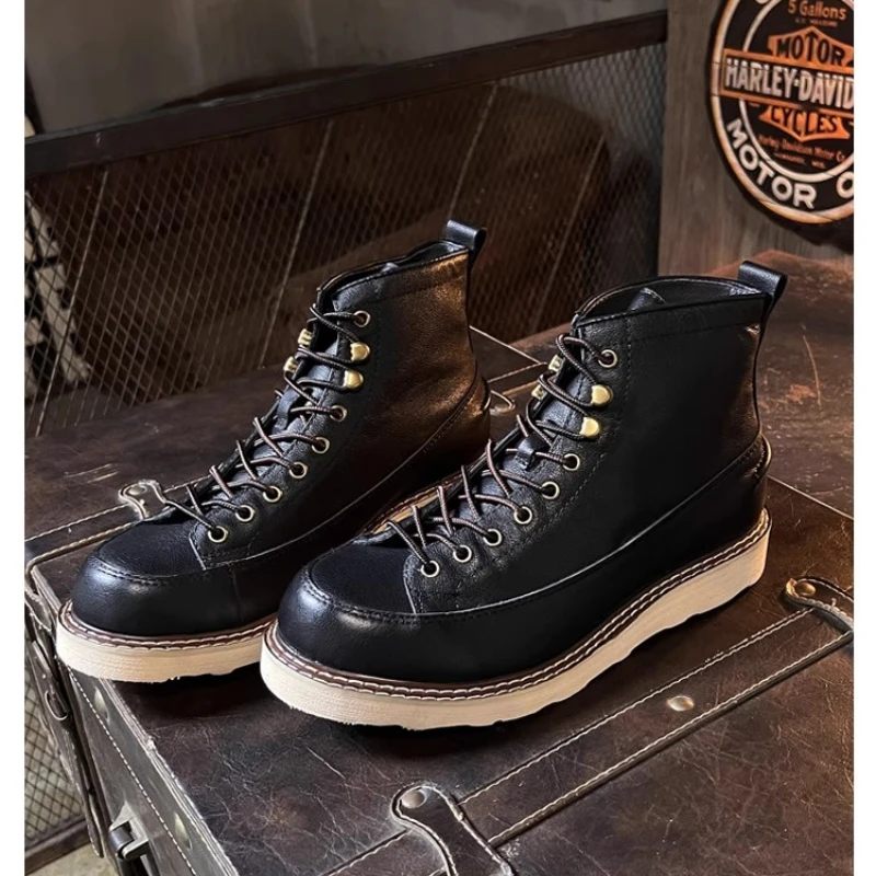 

Мужские мотоциклетные ботинки из натуральной кожи в стиле ретро, туфли-броги, британские лоферы с высоким берцем, ботинки Chelsae в стиле вестерн на толстой подошве