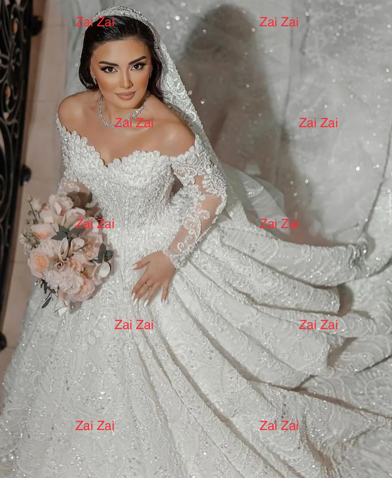 

Customized Exquisite Off Shoulder Long Sleeve Beaded Pearls Wedding Dress A-line with Long Train for Brides Vestido de novia