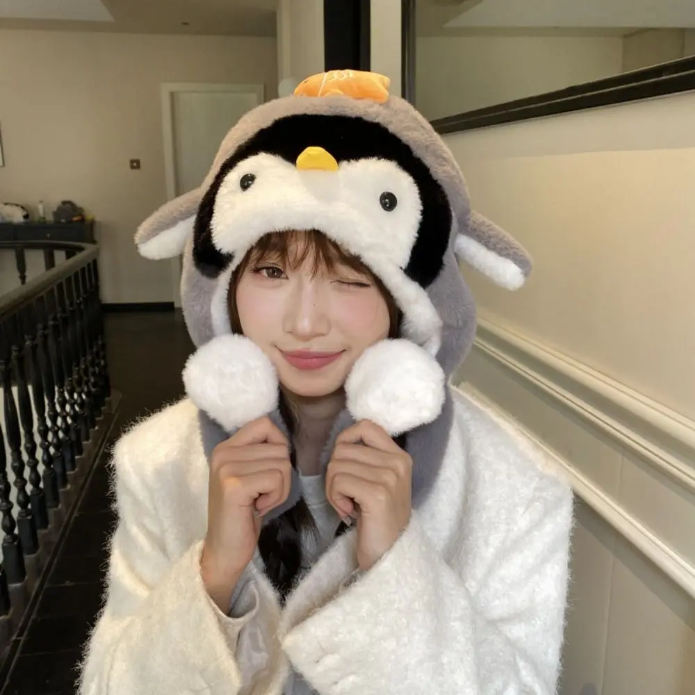 

Модная теплая шапка-ушанка с подвижными ушками в виде мультяшного пингвина, ветрозащитная, утолщенная, пушистая, однотонная, кавайная, для улицы