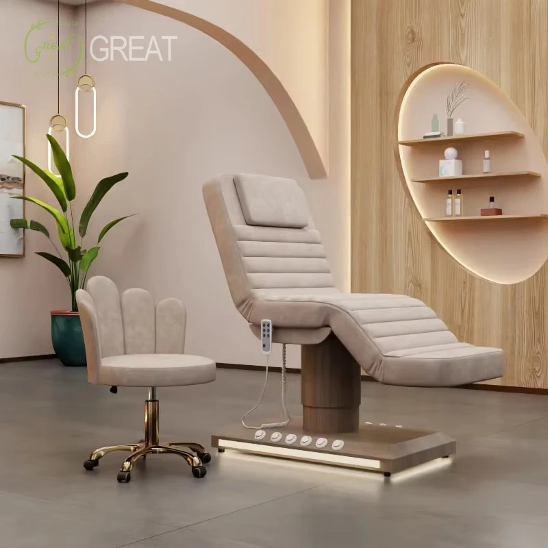 

Modern Beauty Salon Furniture Leather Massage Table Wood Grain Cylinder Base Electric Velvet Facial Spa Lash Bed