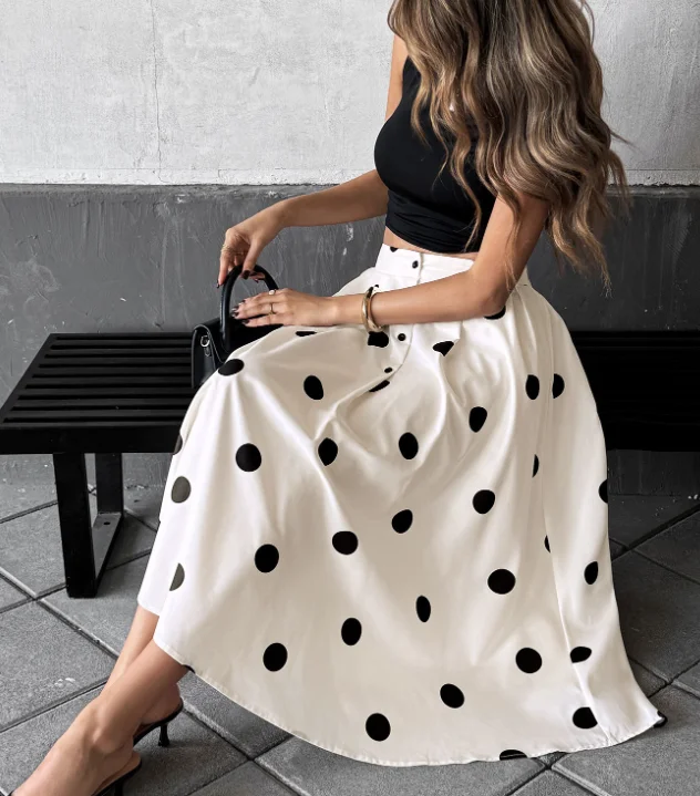 Polka Polka Dot Elastic Retro Elegant A-Line Skirt Summer Polka Dot Print Button Decoration Slim Fit High Waisted A-Line Skirt