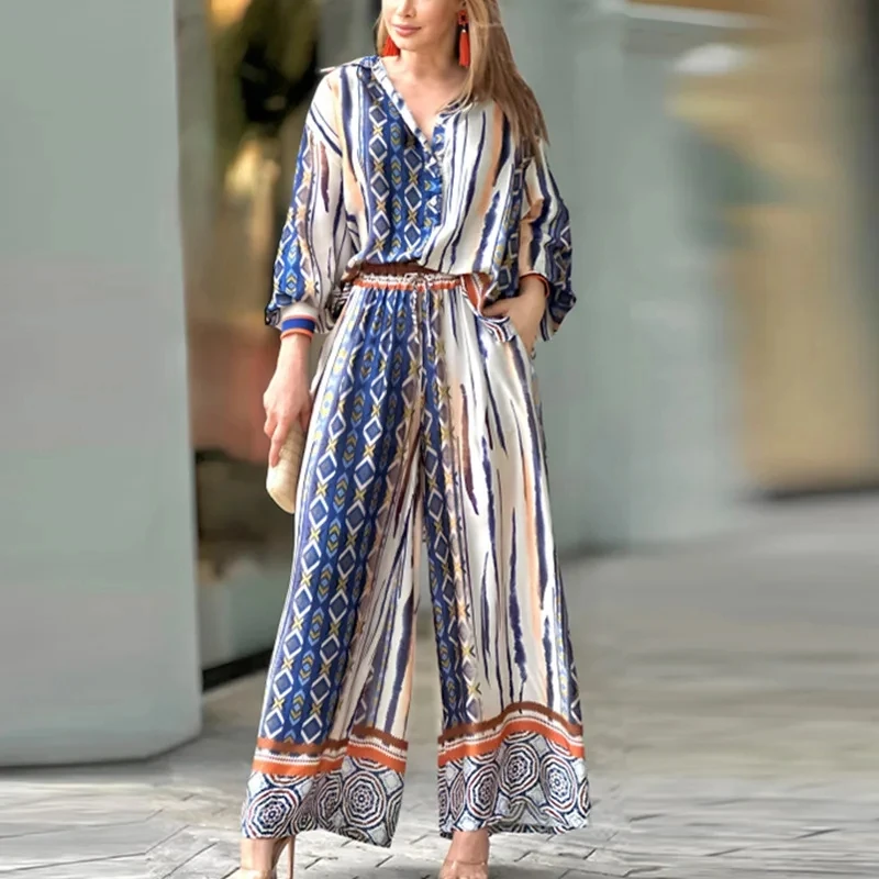 Loose Casual Pajamas Sets for Women Printed Long Sleeved Shirts Loose High Waist Wide Legs Pants Sleepwear Two Piece Set Outfits