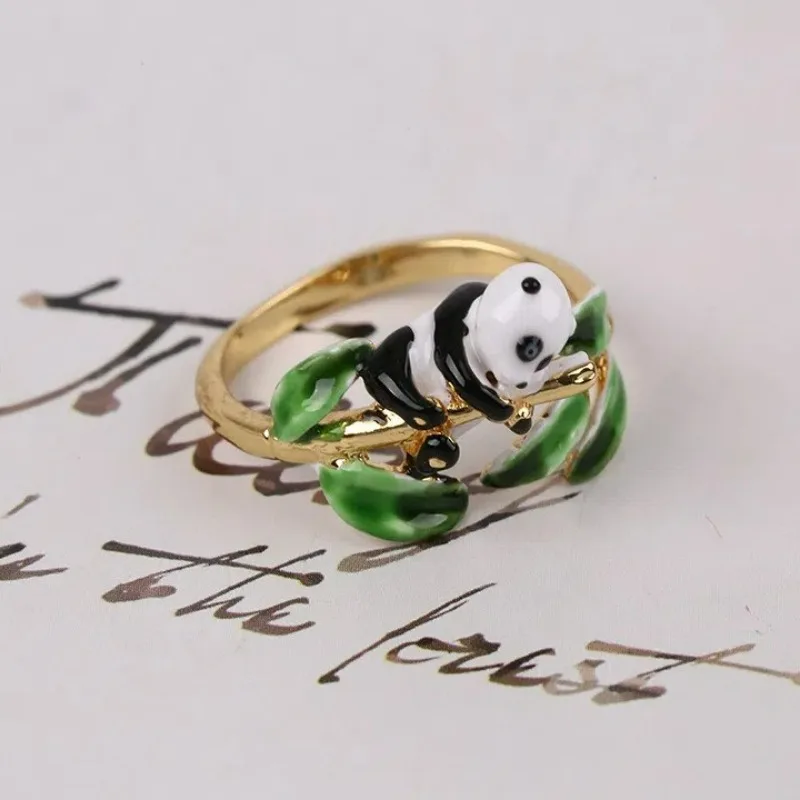 Bohemia Rural Style Cute Panda Drip Oil Adjustable Ring for Women, Green Bamboo Leaf Enamel Jewelry, Finger Decoration for Femal