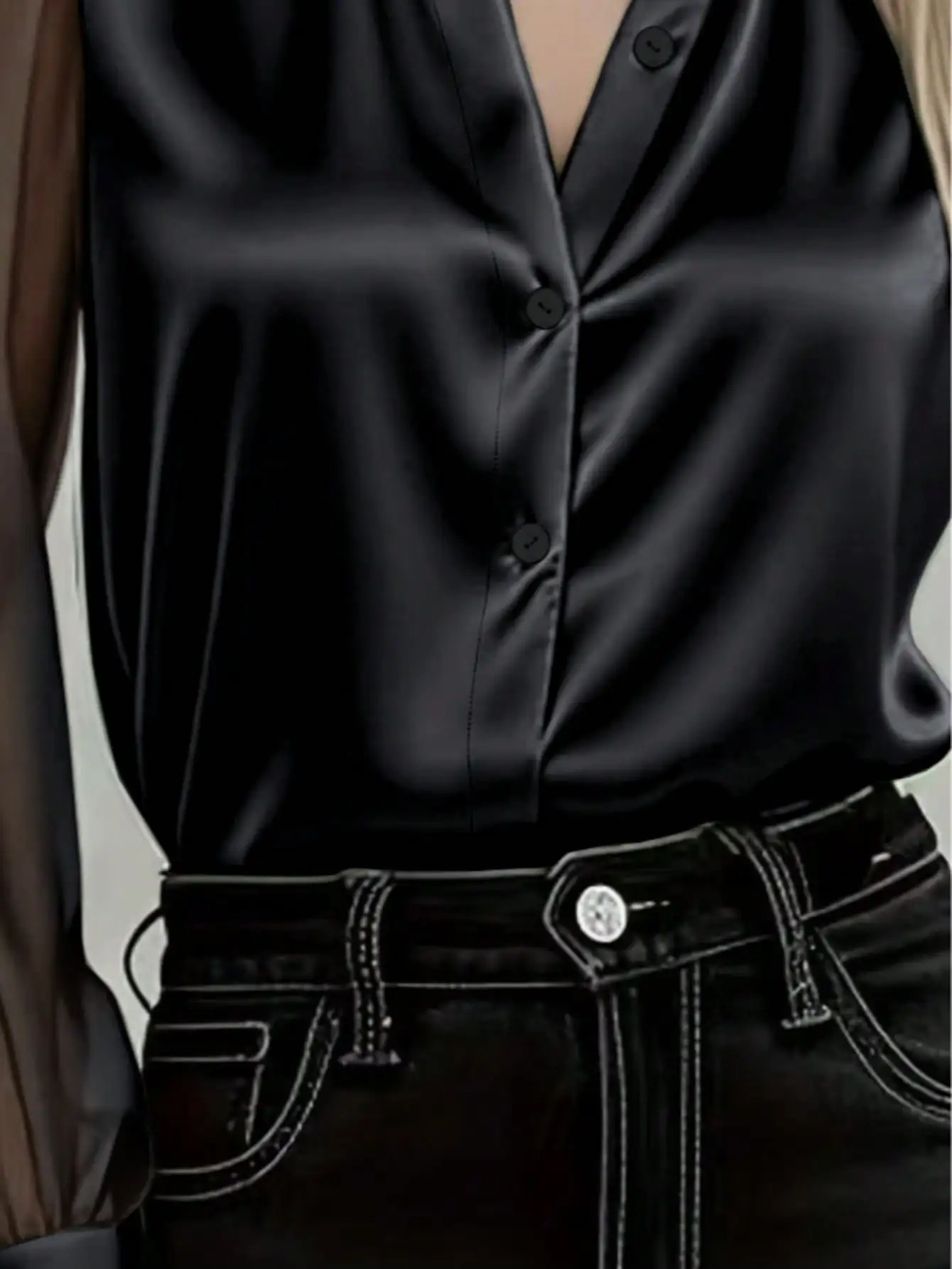 Single-Piece Women's Solid Color Satin Button-Front Elegant and Fashionable Satin Mesh Patchwork Long-Sleeve Shirt for Office, Vacation, Home, Daily Wear, Holidays, All Seasons